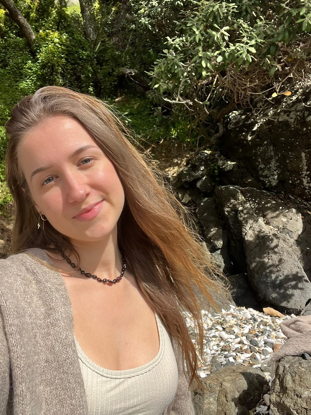 Rachel wearing her Moontime necklace